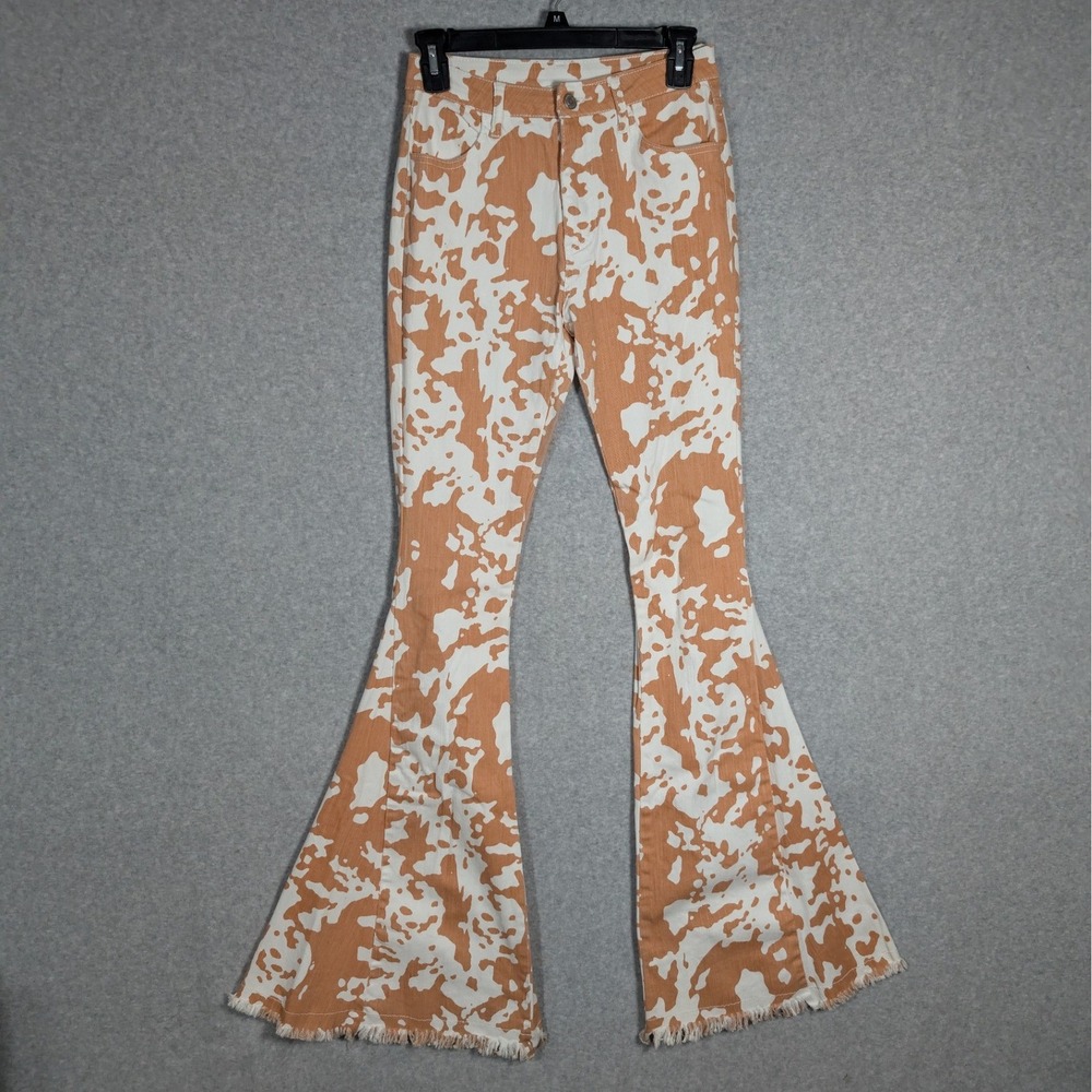 Saints‎ & Hearts Flare Jeans Women Small Orange White Cow Print Raw Hem Cowgirl